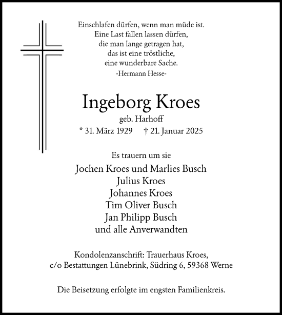 Traueranzeige von Ingeborg Kroes von WA