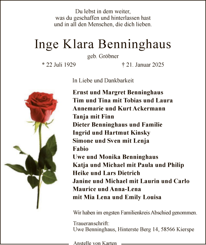  Traueranzeige für Inge Klara Benninghaus vom 08.02.2025 aus WA