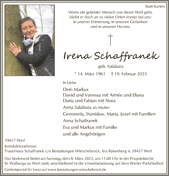 Traueranzeige von Irena Schaffranek von WA