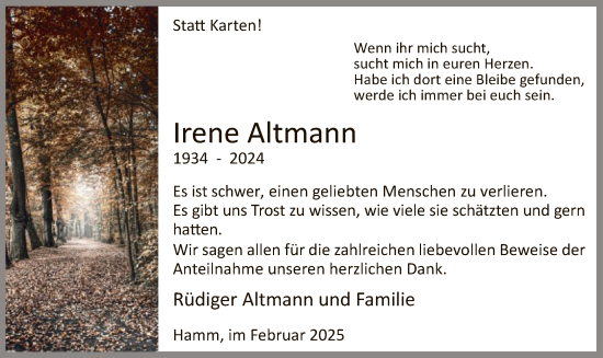 Traueranzeige von Irene Altmann von WA