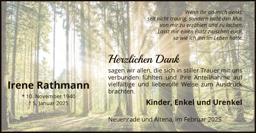  Traueranzeige für Irene Rathmann vom 15.02.2025 aus WA