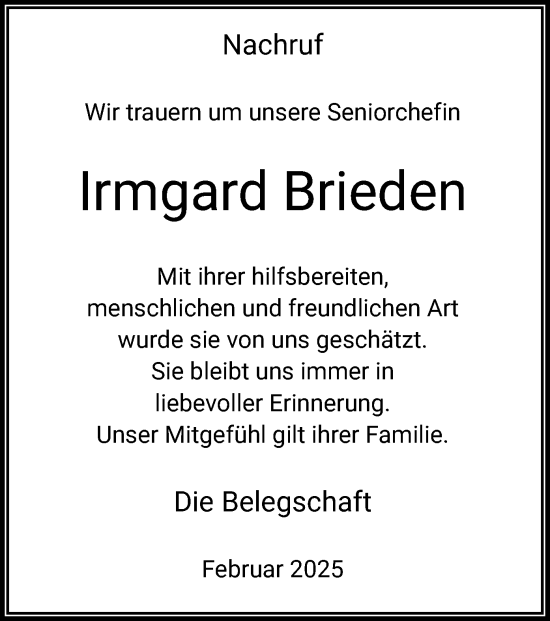 Traueranzeige von Irmgard Brieden von WA