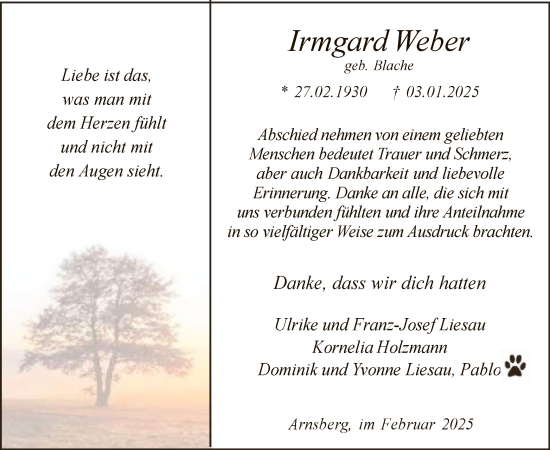 Traueranzeige von Irmgard Weber von WA