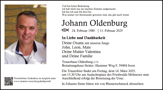 Traueranzeige von Johann Oldenburg von WA