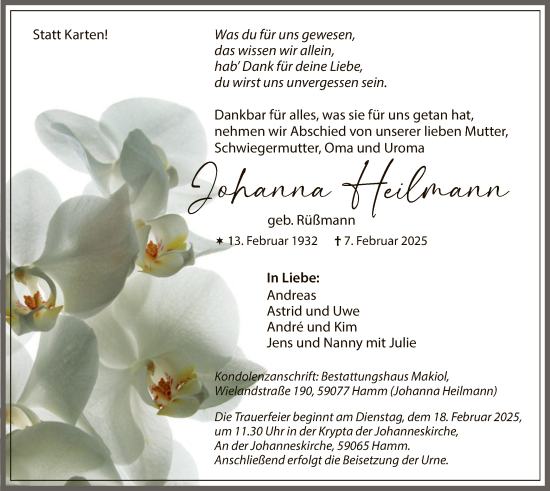 Traueranzeige von Johanna Heilmann von WA
