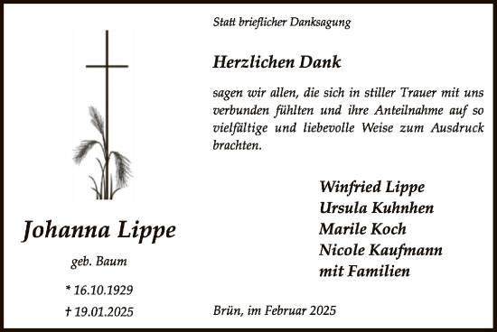 Traueranzeige von Johanna Lippe von WA