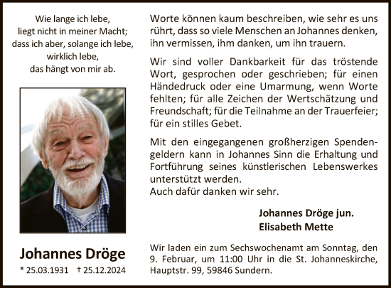 Traueranzeige von Johannes Dröge von WA
