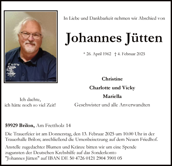 Traueranzeige von Johannes Jütten von WA