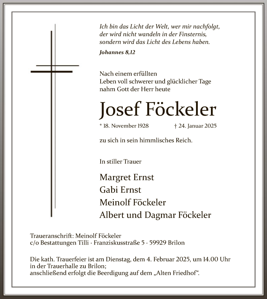 Traueranzeige für Josef Föckeler vom 01.02.2025 aus WA