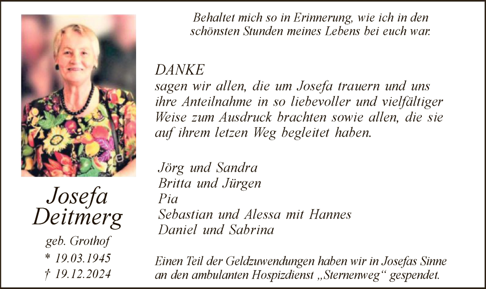  Traueranzeige für Josefa Deitmerg vom 01.02.2025 aus WA
