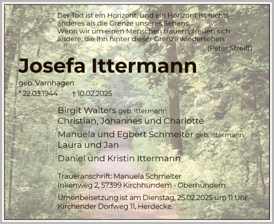Traueranzeige von Josefa Ittermann von WA