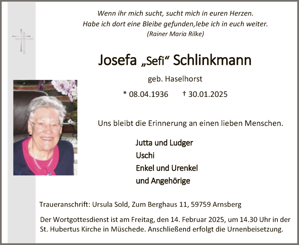  Traueranzeige für Josefa Schlinkmann vom 01.02.2025 aus WA