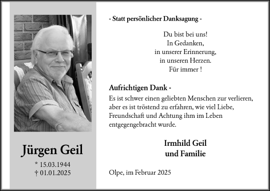 Traueranzeige von Jürgen Geil von WA