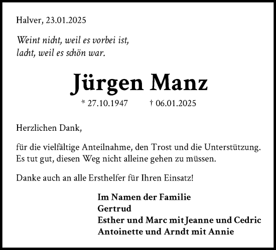Traueranzeige von Jürgen Manz von WA