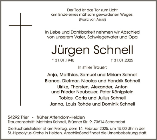 Traueranzeige von Jürgen Schnell von WA