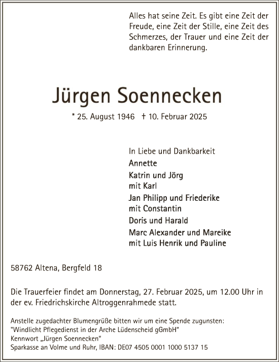 Traueranzeige von Jürgen Soennecken von WA