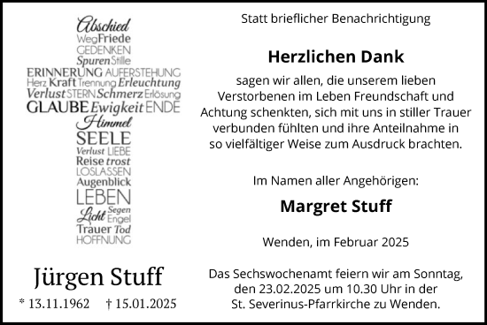 Traueranzeige von Jürgen Stuff von WA