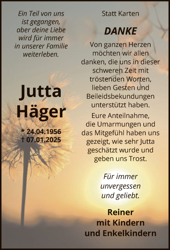 Traueranzeige von Jutta Häger von WA