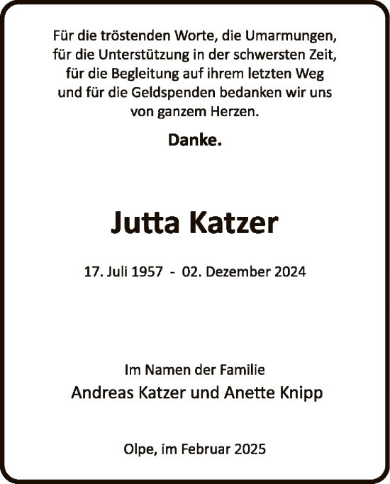 Traueranzeige von Jutta Katzer von WA