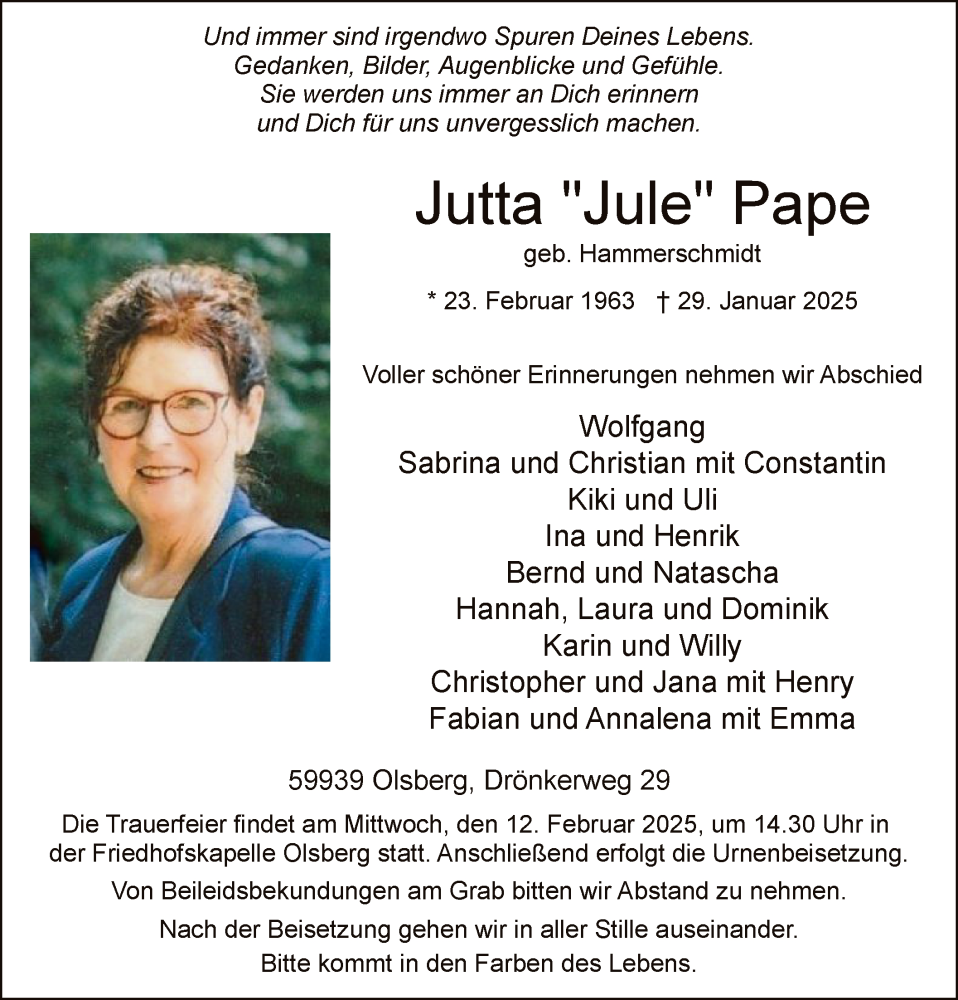 Traueranzeige für Jutta Pape vom 08.02.2025 aus WA