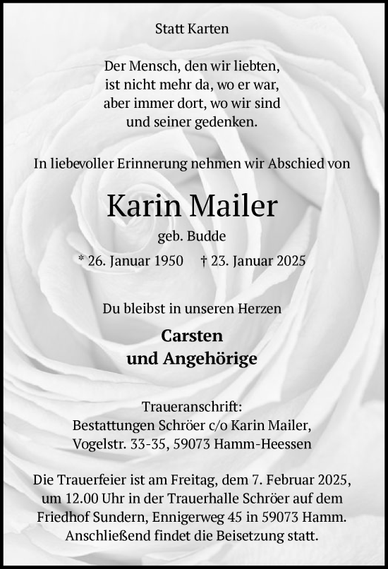 Traueranzeige von Karin Mailer von WA
