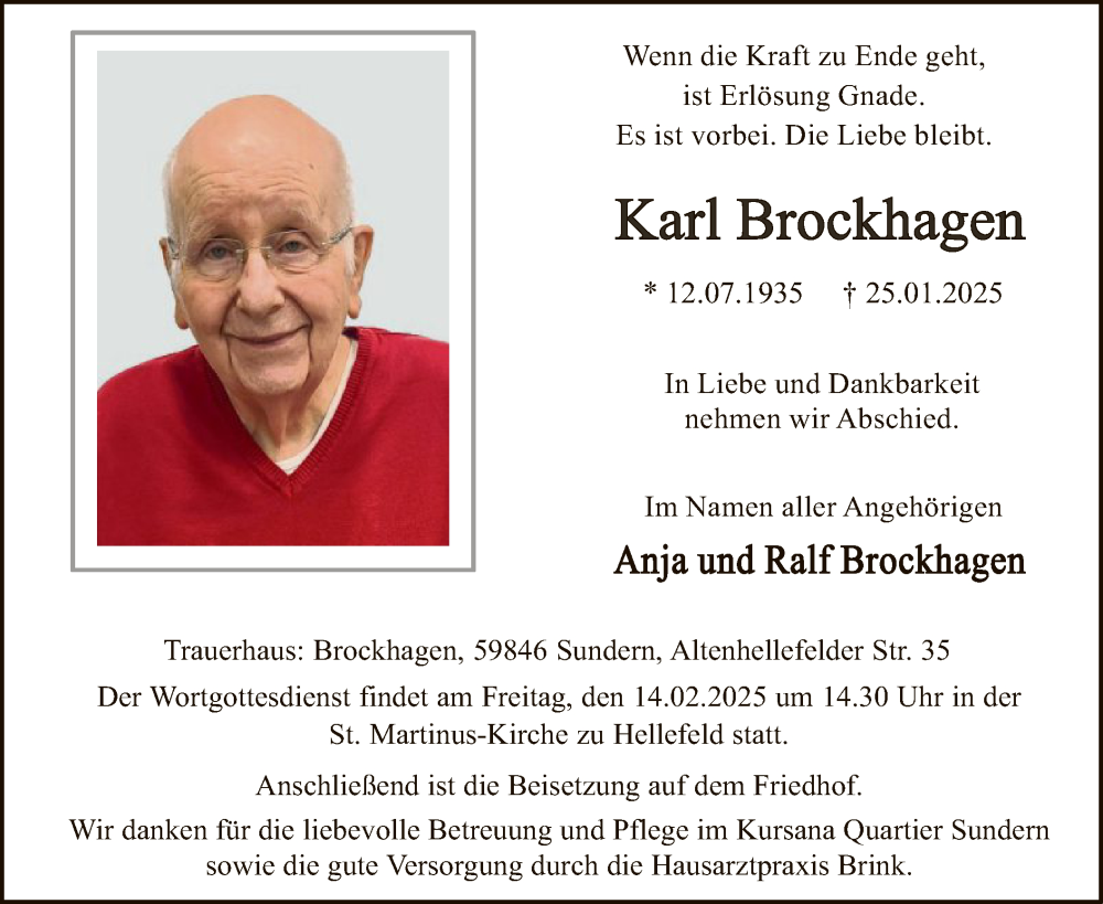  Traueranzeige für Karl Brockhagen vom 01.02.2025 aus WA