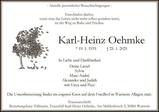 Traueranzeige von Karl-Heinz Oehmke von WA