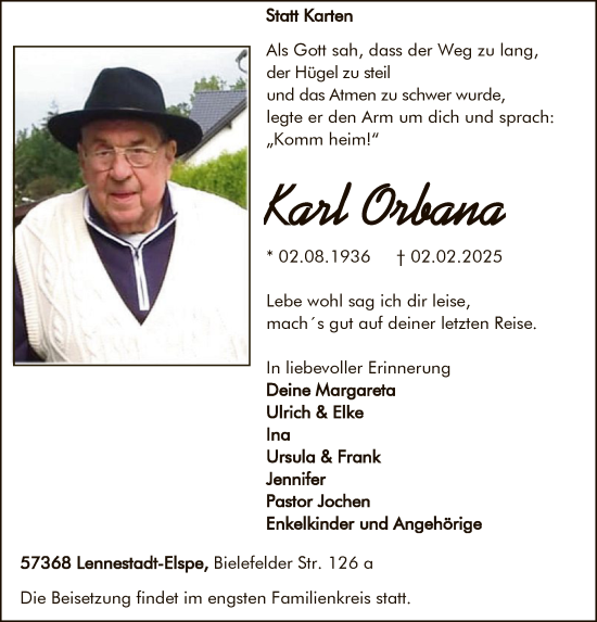 Traueranzeige von Karl Orbana von WA