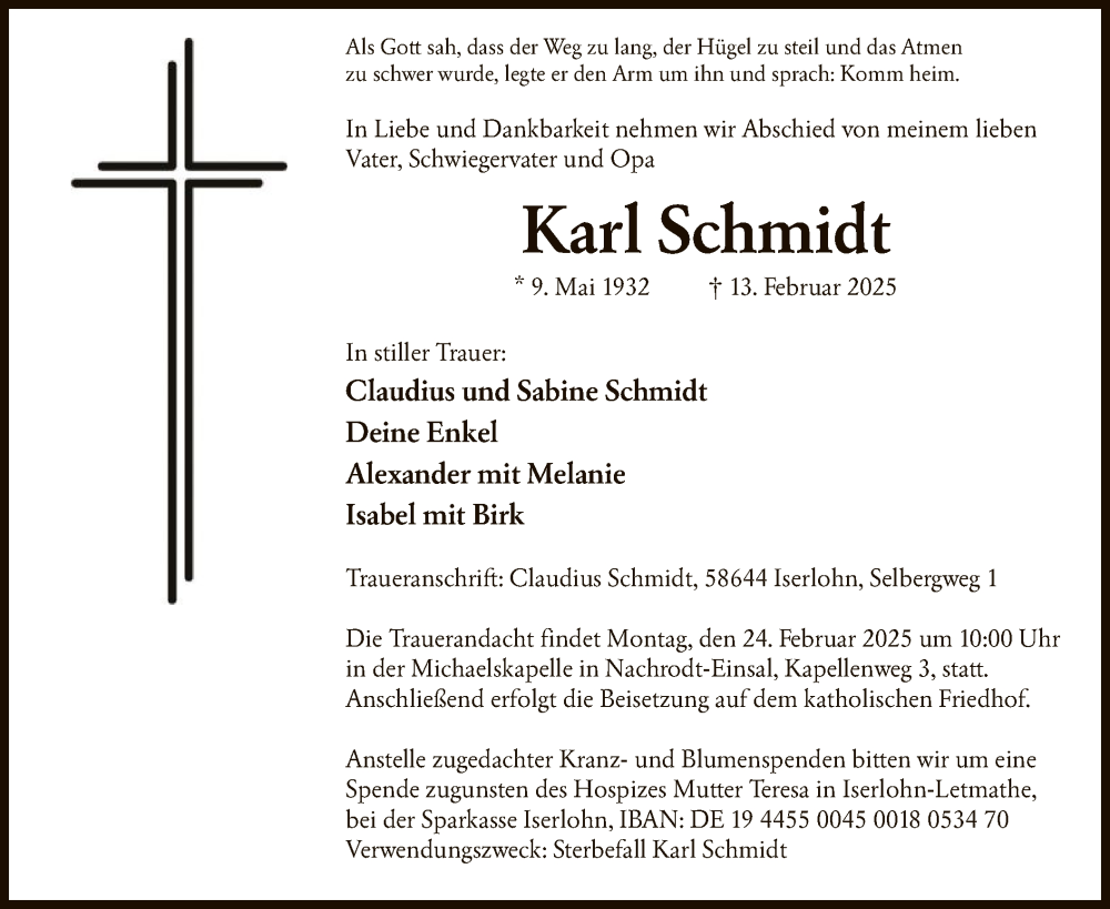  Traueranzeige für Karl Schmidt vom 19.02.2025 aus WA