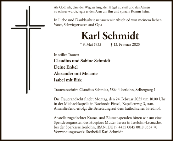 Traueranzeige von Karl Schmidt von WA