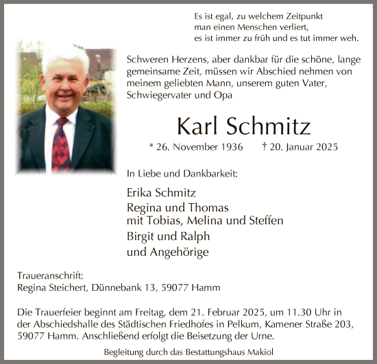 Traueranzeige von Karl Schmitz von WA
