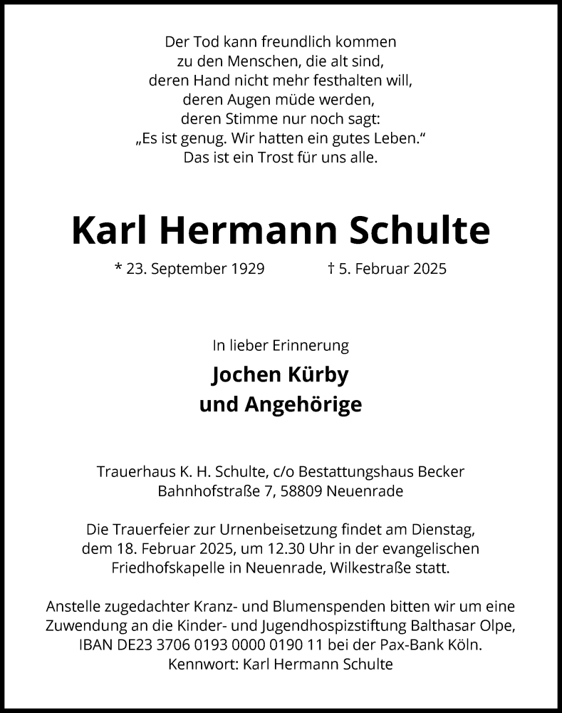  Traueranzeige für Karl Hermann Schulte vom 12.02.2025 aus WA