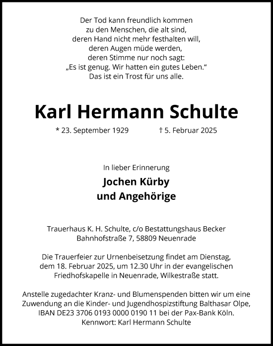 Traueranzeige von Karl Hermann Schulte von WA