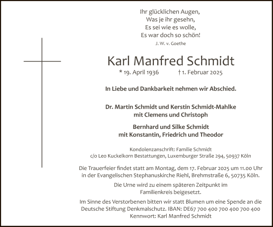 Traueranzeige von Karl Manfred Schmidt von WA