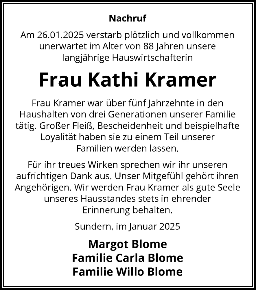  Traueranzeige für Kathi Kramer vom 01.02.2025 aus WA