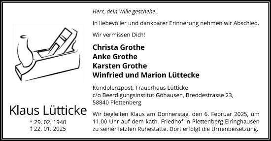 Traueranzeige von Klaus Lütticke von WA