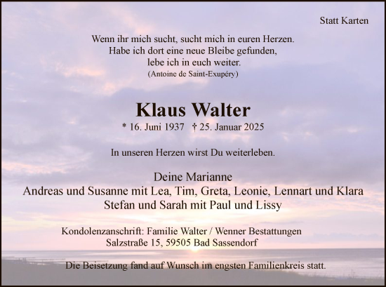 Traueranzeige von Klaus Walter von WA