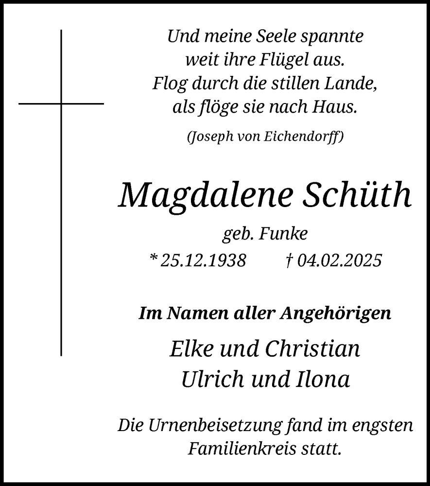  Traueranzeige für Magdalene Schüth vom 14.02.2025 aus WA