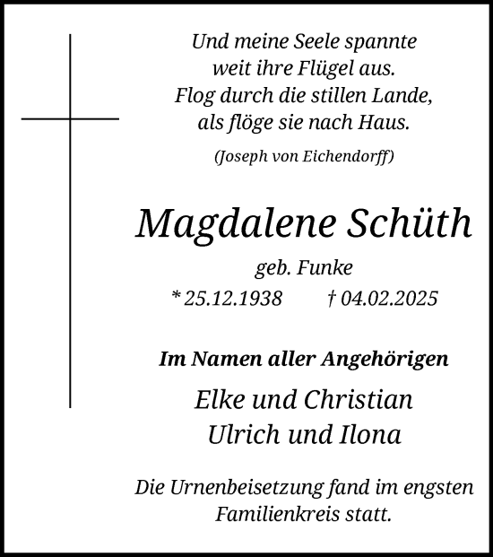 Traueranzeige von Magdalene Schüth von WA