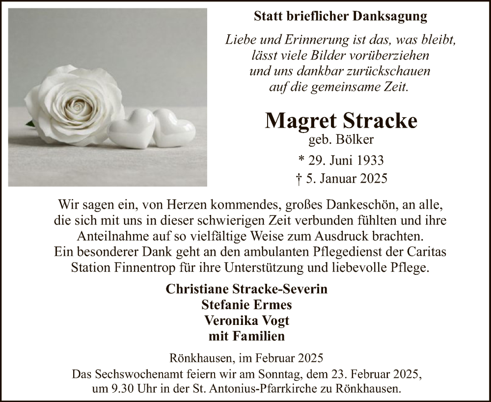  Traueranzeige für Magret Stracke vom 15.02.2025 aus WA