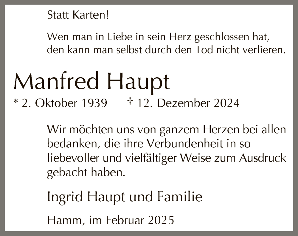 Traueranzeige für Manfred Haupt vom 15.02.2025 aus WA