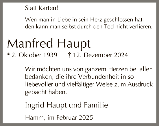 Traueranzeige von Manfred Haupt von WA