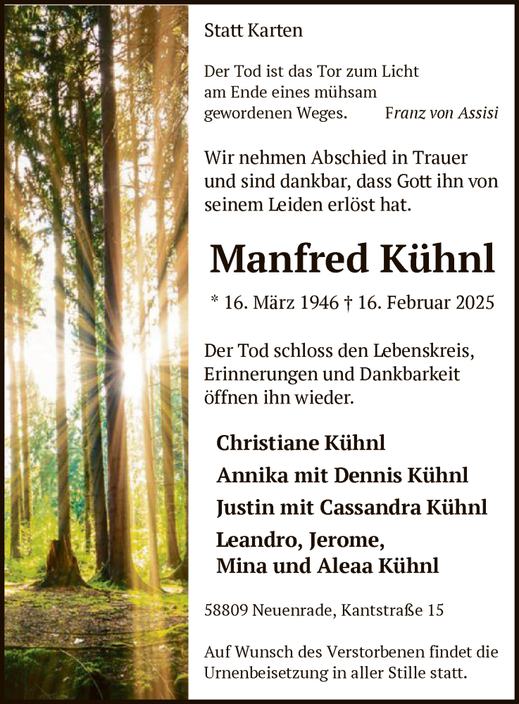  Traueranzeige für Manfred Kühnl vom 22.02.2025 aus WA