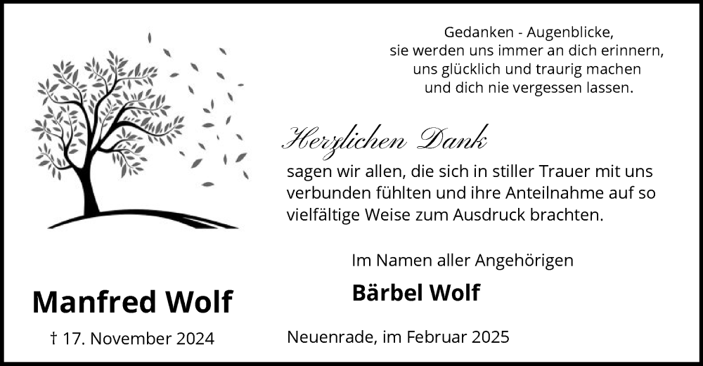  Traueranzeige für Manfred Wolf vom 01.02.2025 aus WA