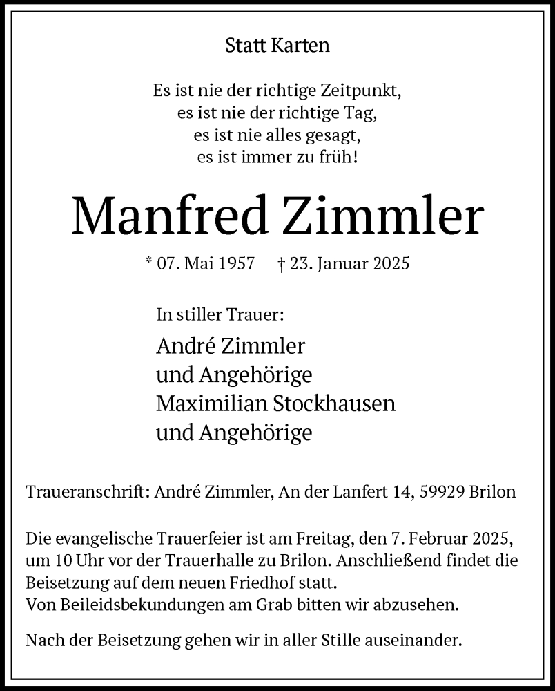  Traueranzeige für Manfred Zimmler vom 01.02.2025 aus WA
