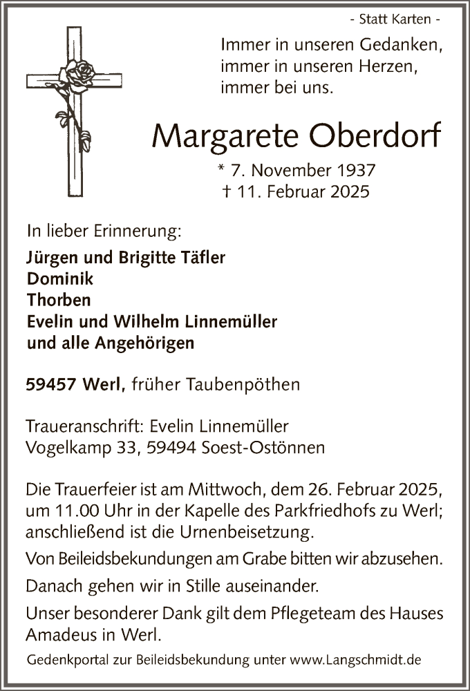  Traueranzeige für Margarete Oberdorf vom 22.02.2025 aus WA