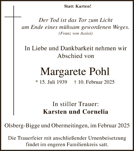 Traueranzeige von Margarete Pohl von WA