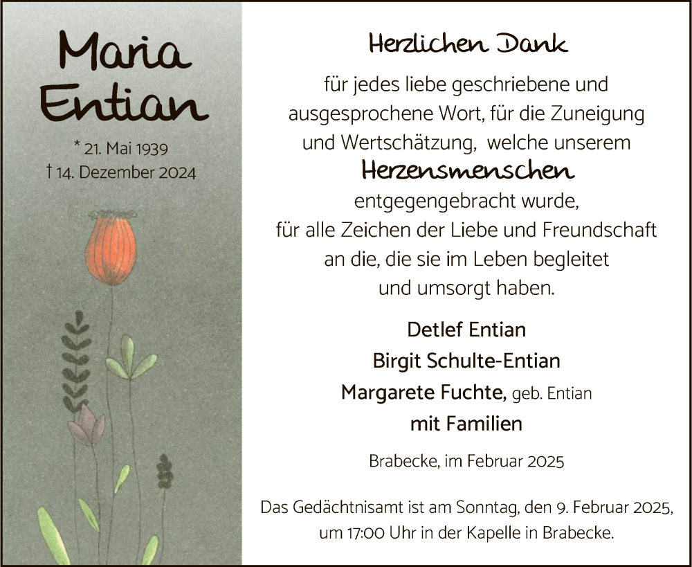  Traueranzeige für Maria Entian vom 01.02.2025 aus WA