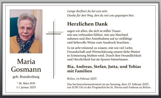 Traueranzeige von Maria Gosmann von WA