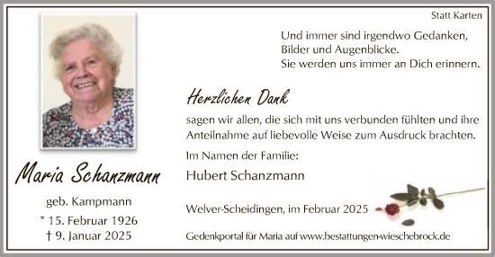 Traueranzeige von Maria Schanzmann von WA